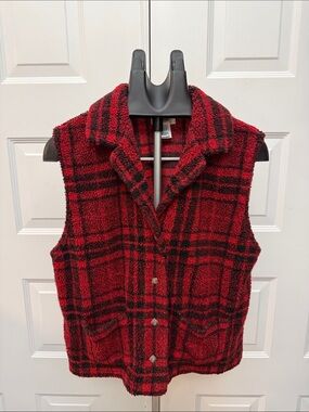 Talbots Red and Black Plaid Sherpa Vest